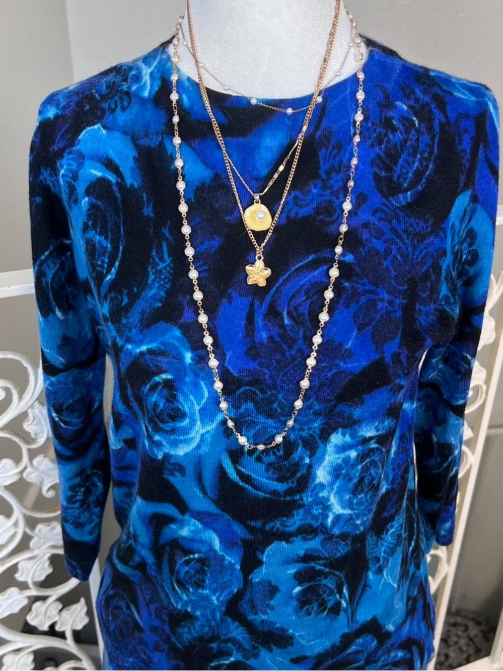 Talbots Blue and Black Floral Merino Wool Sweater